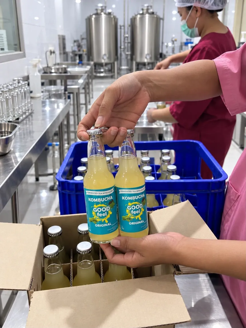 Petugas produksi mengemas botol Kombucha Good Feel Original ke dalam karton, dengan tangki stainless steel di belakang